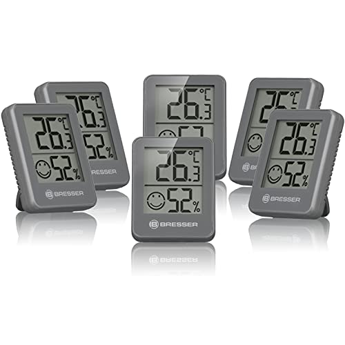 Bresser 6er Set Thermometer Hygrometer - Digitales Raumthermometer für Kontrolle Innenraum Luftfeuchtigkeit, Kühlschrankgeeignet, Wandmontage und Magnet, Schimmelvorbeugung - Indikator Smiley, Grau von Bresser