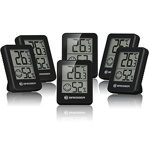 Bresser 6er Set Thermometer Hygrometer - Digitales Raumthermometer für Kontrolle Innenraum Luftfeuchtigkeit, Kühlschrankgeeignet, Wandmontage und Magnet, Schimmelvorbeugung - Indikator Smiley, Schwarz von Bresser