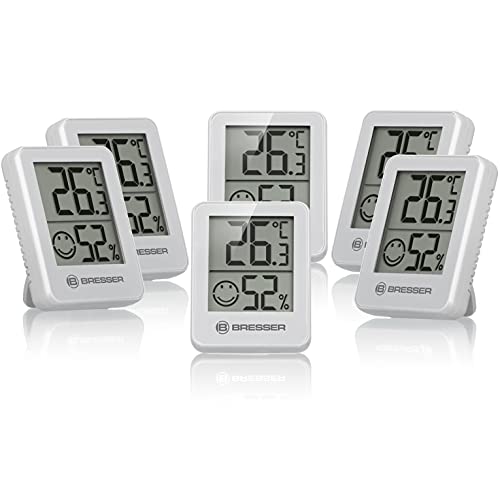 Bresser 6er Set Thermometer Hygrometer - Digitales Raumthermometer für Kontrolle Innenraum Luftfeuchtigkeit, Kühlschrankgeeignet, Wandmontage und Magnet, Schimmelvorbeugung - Indikator Smiley, Weiß von Bresser