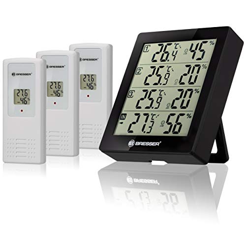 Bresser Wetterstation Funk mit Außensensor Thermometer Hygrometer Temeo Hygro Quadro inklusive 3 Außensensoren um bei 4 Umgebungen gleichzeitig Temperatur und Luftfeuchtigkeit zu messen, Schwarz von Bresser