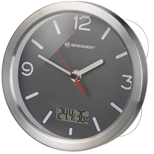 Bresser 8020116 Wanduhr Mytime Thermo-/Hygro Funk Baduhr mit Thermometer und Hygrometer inklusive 4 Starker Saugnäpfe zum Aufhängen oder Aufstellen, Grau , 17cm von Bresser