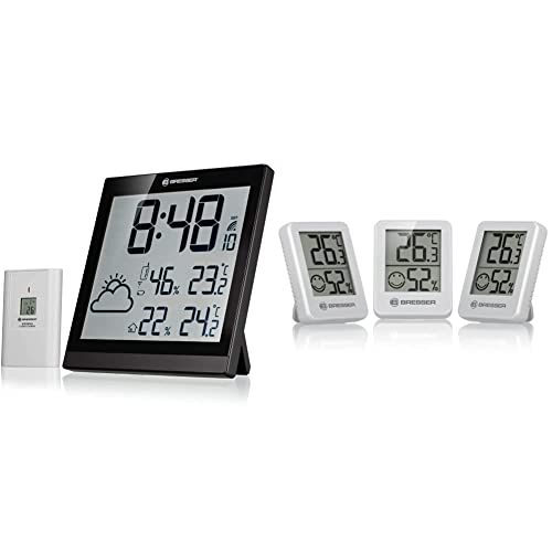 Bresser Wanduhr Wetterstation Funk mit Außensensor TemeoTrend JC mit DCF Funkuhr mit großer Anzeige & Thermometer Hygrometer Temeo Hygro Indicator 3er-Set zum Aufstellen, 4.5x1.6x5.8 cm, Weiß von Bresser