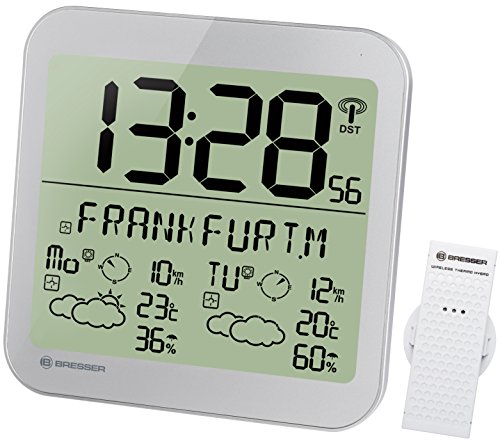 Bresser Wanduhr Wetterstation Funk mit Außensensor mit 4 Tage und Nächte Wettervorhersage und 6cm großen Uhrzeitziffern für Wand und Standmontage, silber von Bresser