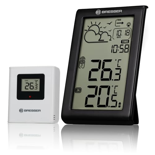 Bresser Wetterstation Funk mit Außensensor Meteo Temp W, innen und außen Thermometer, Wettervorhersage, Frostwarnung, DCF-Funkuhr, großes Display, digital, Schwarz von Bresser