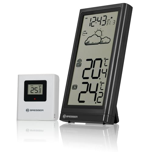 Bresser Wetterstation Funk mit Außensensor Meteo Temp, Thermometer mit Temperaturanzeige für Innen- und Außen, Wettervorhersage, mit ausklappbarem Standfuß und Wandhalterung, schwarz, 8.2x2x15.7 cm von Bresser