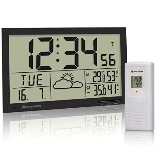 Bresser Wetterstation Funk mit Außensensor MyTime Jumbo LCD Wetter Wanduhr mit Außensensor und extra großen Ziffern für Tisch und Wandmontage, schwarz von Bresser