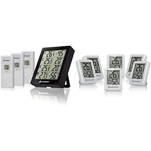 Bresser Wetterstation Funk mit Außensensor Thermometer Hygrometer Temeo Hygro Quadro inklusive 3 Außensensoren Schwarz & Thermometer Hygrometer Temeo Hygro Indicator 6er Set weiß von Bresser