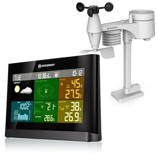 Bresser Wetterstation Funk mit Außensensor Wetter Center mit 5-in-1 Außensensor (Temperatur, Luftdruck, Luftfeuchtigkeit, Windmesser, Regenmesser), Schwarz, 20.2x13.8x3.8 cm von Bresser
