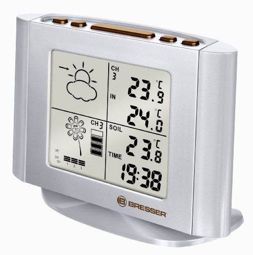Bresser Wetterstation und Gießmelder mit 4-teiligem Display mit Anzeige für Uhrzeit, Wettertrend, Temperatur, Bodentemperatur und Luftfeuchtigkeit von Bresser