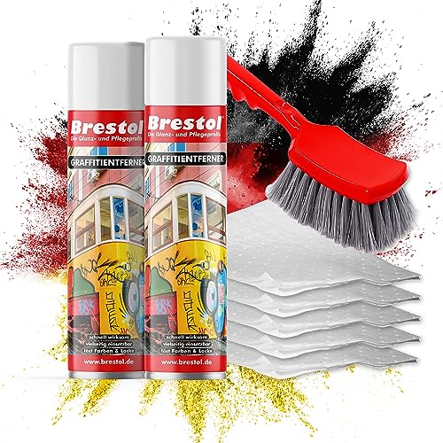 BRESTOL® GRAFFITI ENTFERNER 2x 400 ml Spray SET - inkl. Chemikalienbindevlies & Bürste - Graffitilöser Farbabbeizer Farblöser Farbentferner Lackentferner Lacklöser Lasurlöser Abbeizmittel Abbeizer von Brestol