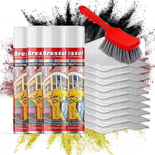 BRESTOL® GRAFFITI ENTFERNER 4x 400 ml Spray SET - inkl. Chemikalienbindevlies & Bürste - Graffitilöser Farbabbeizer Farblöser Farbentferner Lackentferner Lacklöser Lasurlöser Abbeizmittel Abbeizer von Brestol