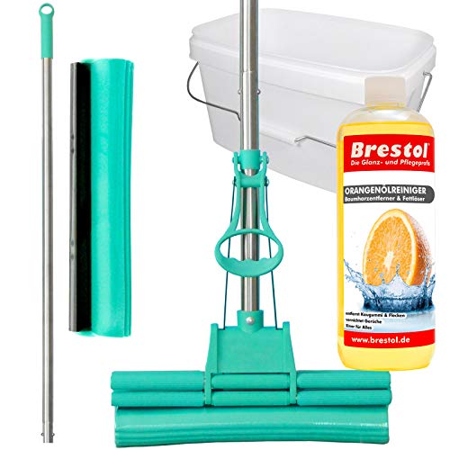 Green Mop Set 30-03 - Green Mop 30 cm + Stiel + Ersatzschwammm + 10 Liter Eimer in weiss + 1000 ml Orangenreiniger Konzentrat - Doppelwringer Mop saugstarker WischMop PVA Bodenwischer von Brestol