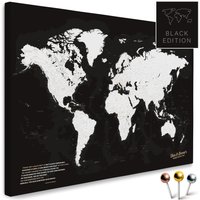 Weltkarte Pinnwand Leinwand "Dark Black" | Schwarz Weiß Mit Personalisierung | Zum Pinnen & Markieren Deiner Reiseziele von BreuersWeltkarten