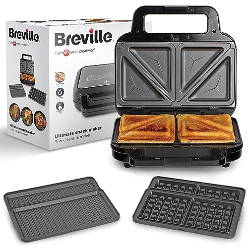 Breville 3-in-1 Ultimativer Sandwichmaker | Extra tiefe Platten für Sandwiches, Waffeln & Paninis | Herausnehmbare Platten mit Antihaftbeschichtung | Schwarz & Edelstahl [VST098X] | EU-Stecker von Breville