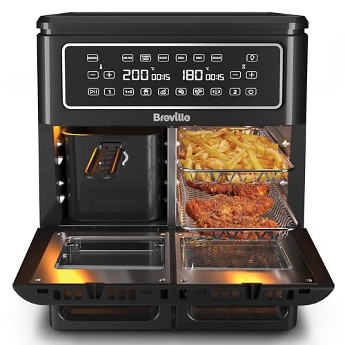 Breville Heißluftfritteuse Halo Flexi, Digitale Doppelkammer-Heißluftfritteuse, 11 l Air Fryer: Für mehr als 10 Personen, Frittieren, Backen, Grillen, Braten, Rösten, Aufwärmen, 2400 W [VDF130X] von Breville