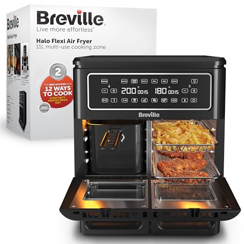 Breville Heißluftfritteuse Halo Flexi, Digitale Doppelkammer-Heißluftfritteuse, 11 l Air Fryer: Für mehr als 10 Personen, Frittieren, Backen, Grillen, Braten, Rösten, Aufwärmen, 2400 W [VDF130X] von Breville