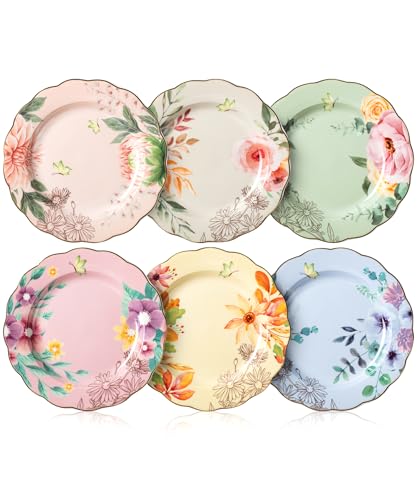 BTaT Porzellanteller mit Blumenmuster, 20,3 cm, 6 Stück, königliche Dessertteller, Vorspeisenteller, Blumenteller, Salatteller, kleine Teller, kleine Teller, kleine Teller, kleine Gerichte, Geschirr von Brew To A Tea