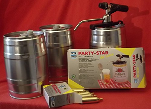 3 Neue (Leere) 5 Liter Partyfässer, inkl. Zapfgerät Party Star de Luxe und 10 CO² Kartuschen, für Ihr selbstgebrautes Bier von Brewferm