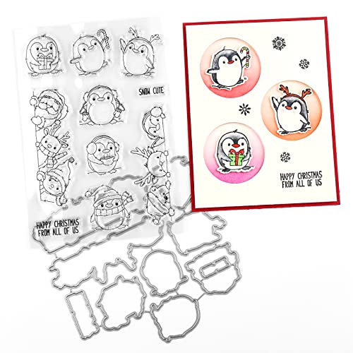 BRIRTW süße Pinguins Joy Winter Happy Friends Weihnachten Schnee Geschenk Metall Schneidst Die und klare Stempelstempel Set DIY Scrapbooking Präge Schablone Bastelkarte Papier Geschenkkarte von Briartw