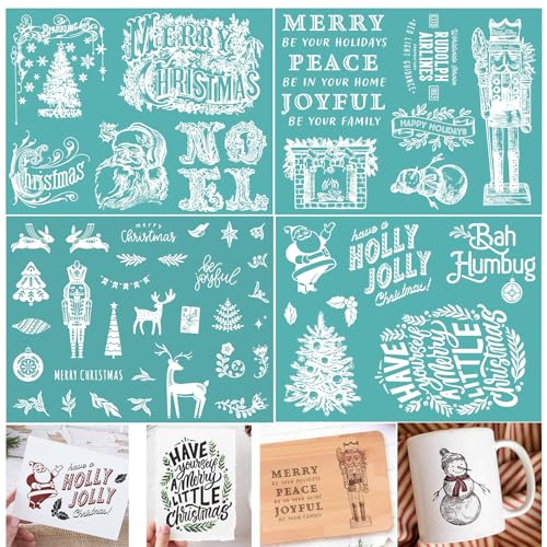 Briartw Frohe Weihnachten Siebdruck-Schablone Holly Jolly Wiederverwendbare selbstklebende Netz-Schablonen Siebdruck-Schablone Druck für Polymer-Ton Heimdekoration Druck auf Holz Stoff Wand Cup Plate von Briartw