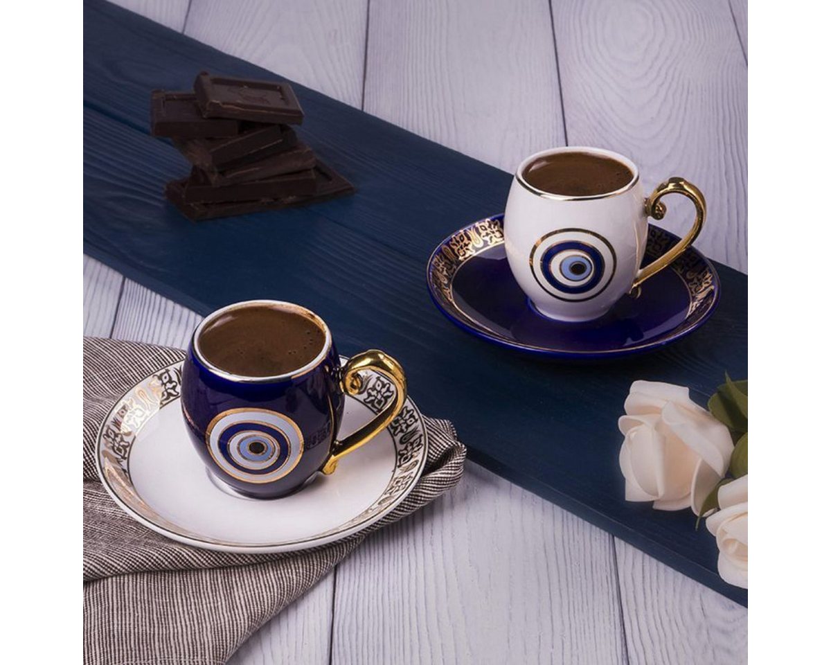 Bricard Espressotasse Set 4 teilig Weiß und Blau mit Untertassen in Nazar Boncuk Design von Bricard