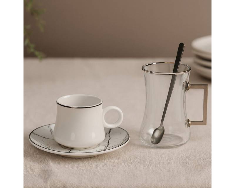 Bricard Teeglas -Espresso Set 24 teilig Weiß Silber inkl. Löffel und Untertasse von Bricard