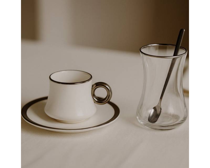 Bricard Teeglas -Espresso Set 24 teilig Weiß Silber inkl. Löffel und Untertasse von Bricard