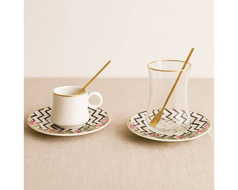 Bricard Teeglas - Espresso Set 24 teilig inkl, Untertasse und Löffel Weiß Schwarz von Bricard