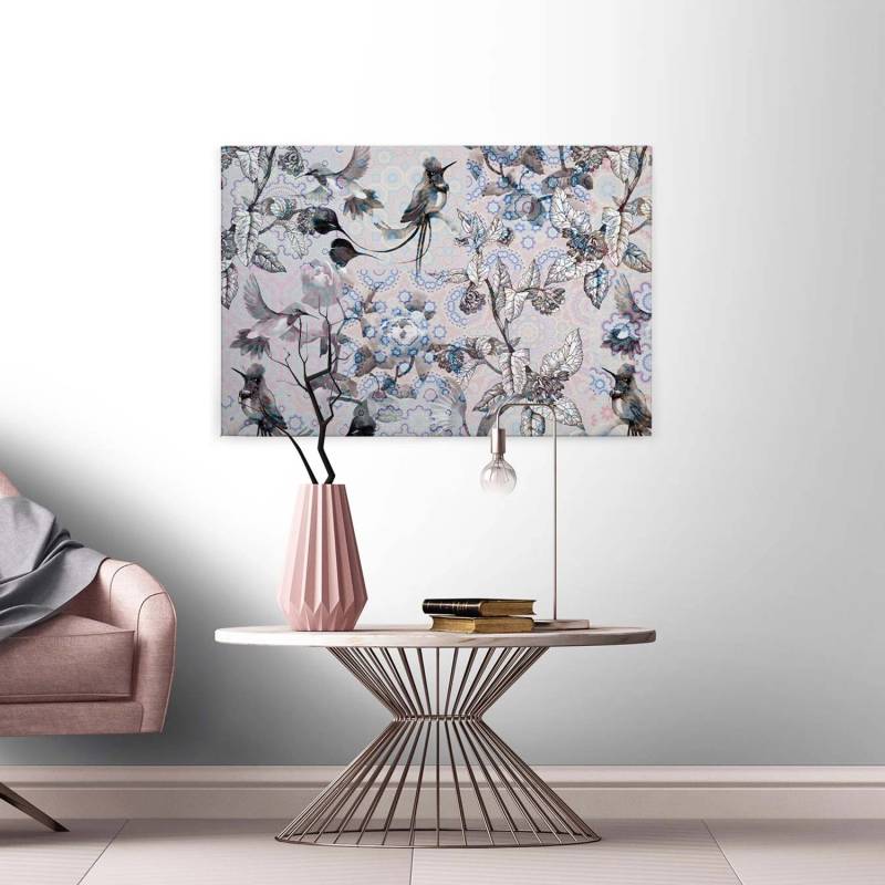 Bricoflor Bild Auf Leinwand Vogel Und Blumen Wandbild 90 X 60 Cm Quer Leinwandbild Mit Vögeln Hellgrau Blau von Bricoflor