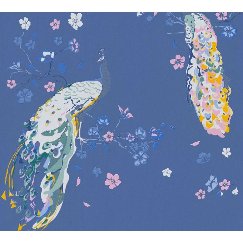 Bricoflor Bunte Tapete mit Pfau und Blumen für Schlafzimmer und Wohnzimmer Vlies Blumentapete in Blau mit Vögeln auf Ästen von Bricoflor