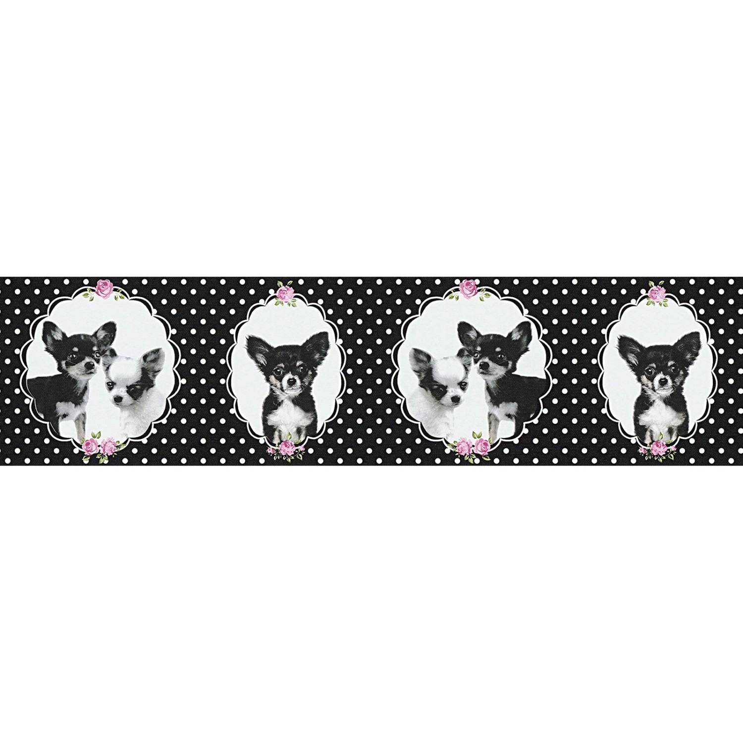 Bricoflor Chihuahua Tapete in Schwarz Weiß Tier Tapete mit Punkten Ideal für Mädchenzimmer Kinderzimmer Tapetenbordüre im 50Er Jahre Stil 30 von Bricoflor