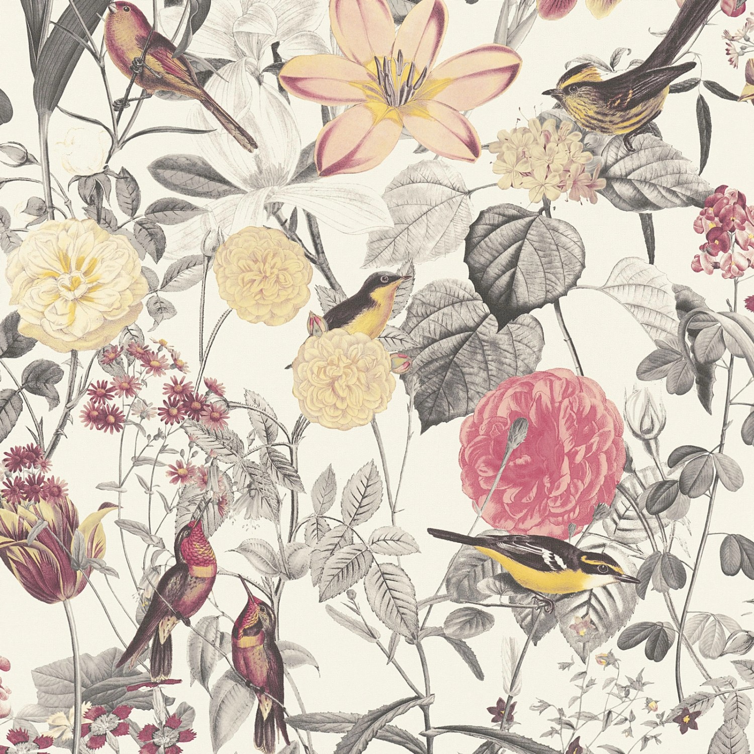 Bricoflor Englische Tapete mit Vögel Muster Rot Gelb Creme Vintage Blumentapete mit Vogel und Lilie Romantische Vlies Vogeltapete mit Blumen von Bricoflor