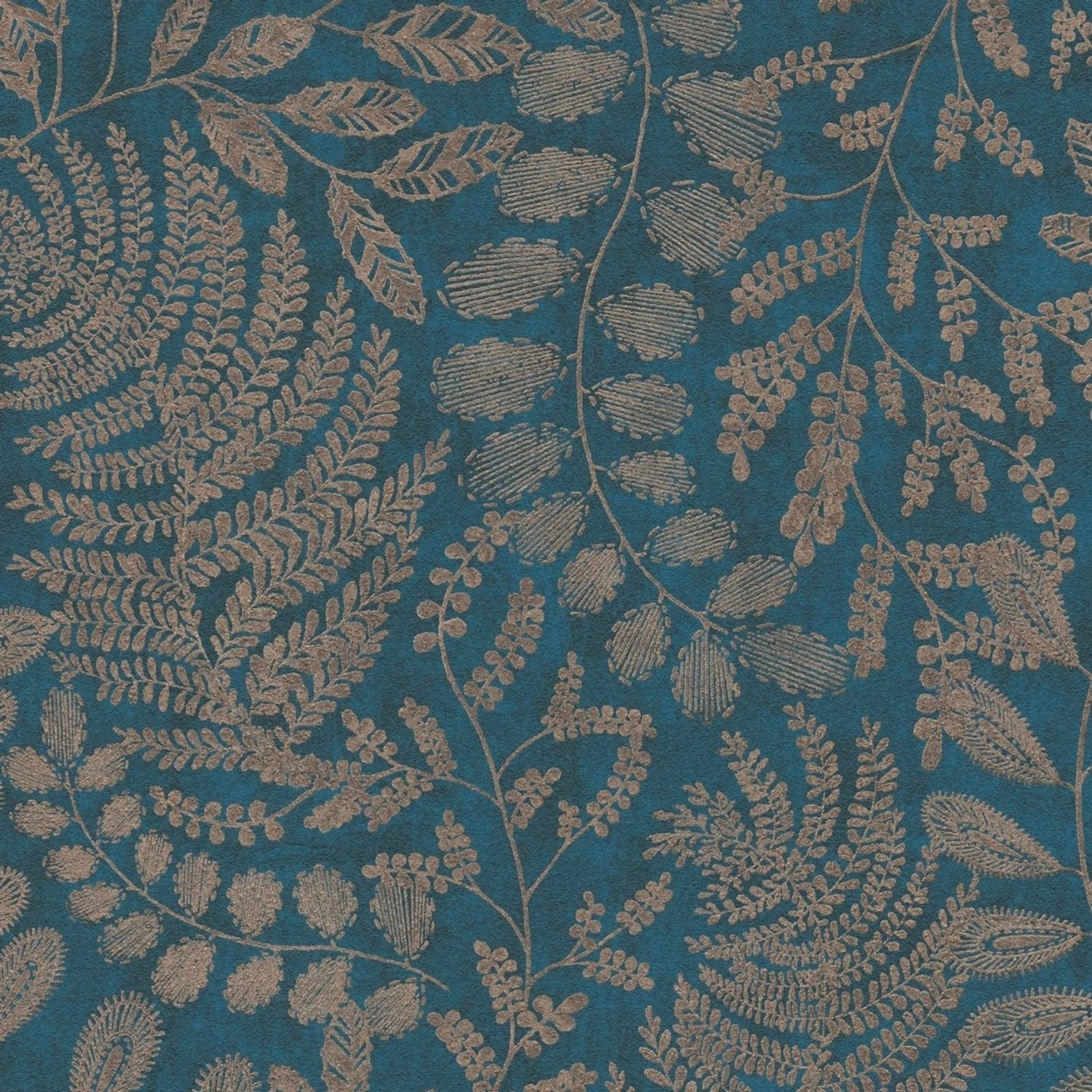 Bricoflor Farn Tapete in Blau Gold Elegante Vliestapete mit Blätter Muster mit Metallic Effekt Vlies Wandtapete in Petrol von Bricoflor