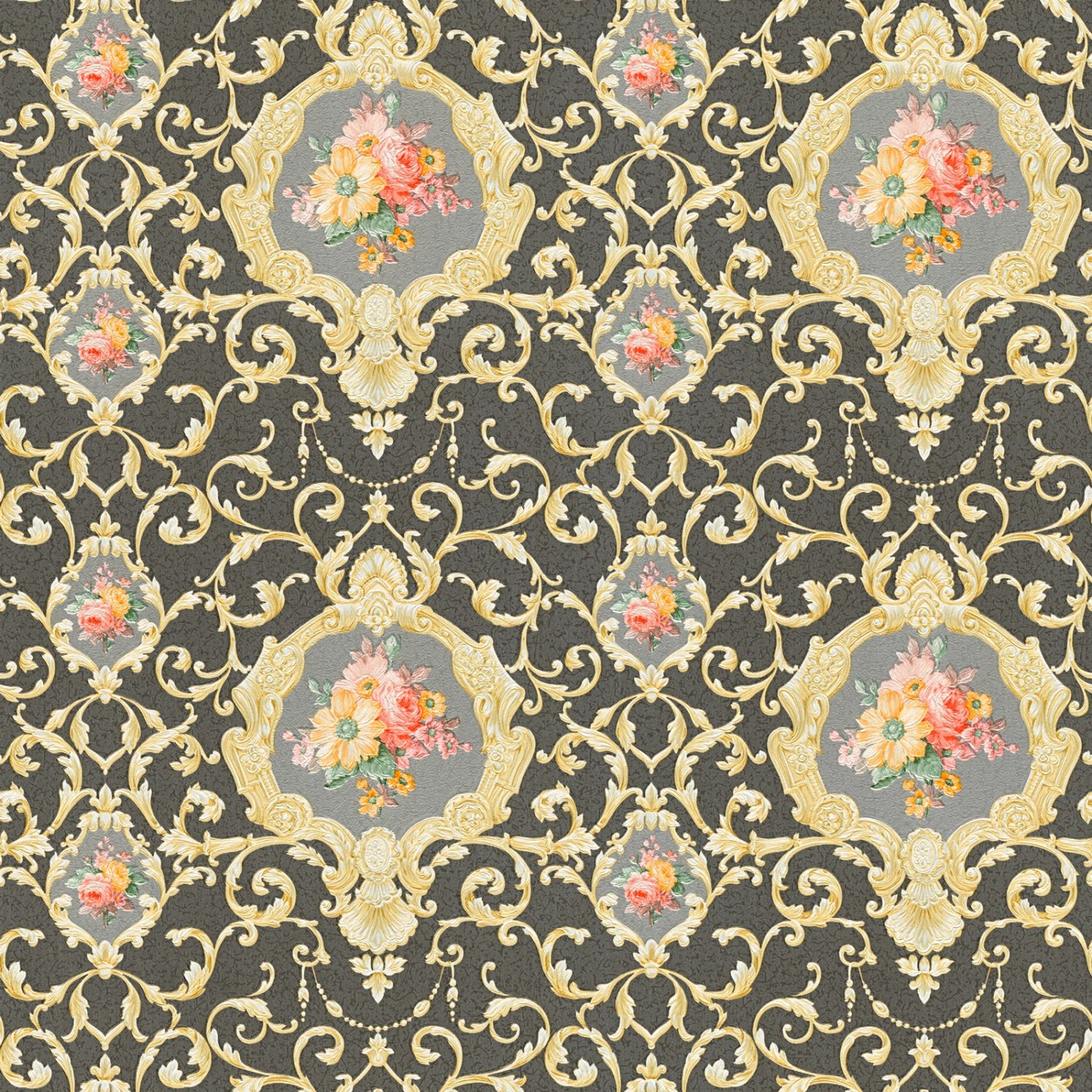 Bricoflor Französische Tapete Schwarz Gold Bunt Blumen Vliestapete mit Ornament im Rokoko Stil Elegante Barock Wandtapete mit Vinyl für Wohnzimmer von Bricoflor