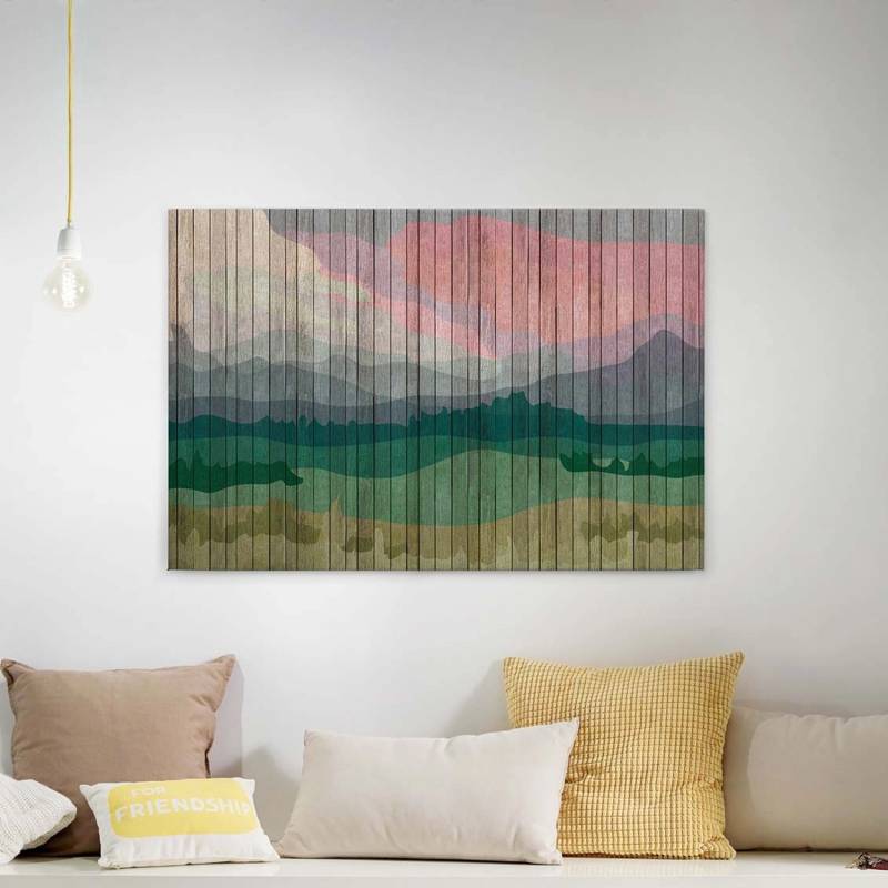 Bricoflor Grafisches Leinwand Bild Mit Berglandschaft Buntes Bild Auf Leinwand Mit Bergen In Holz Optik Canvas Leinwandbild Für Wohnzimmer von Bricoflor