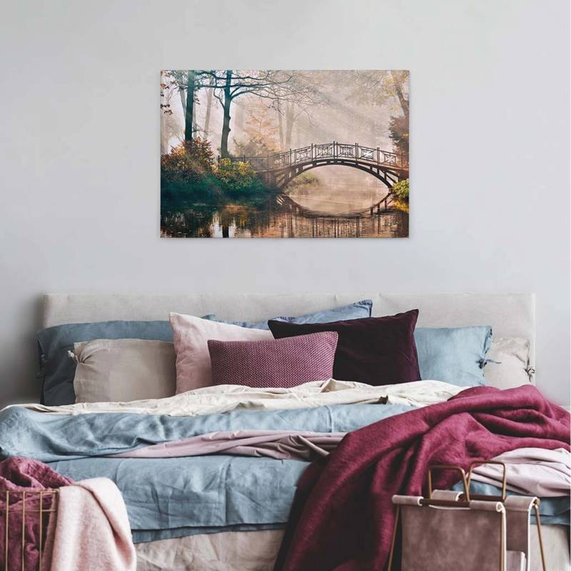 Bricoflor Herbst Leinwand Mit Sonnenstrahlen Wohnzimmer Und Schlafzimmer Leinwandbild Mit Brücke In Park Canvas Keilrahmen Wandbild In Braun Gold von Bricoflor