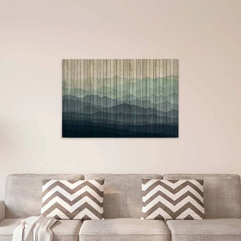 Bricoflor Horizont Bild Auf Leinwand In Holz Optik Modernes Wandbild Mit Berglandschaft Für Schlafzimmer Und Wohnzimmer Berg Leinwandbild In Blau Grün von Bricoflor
