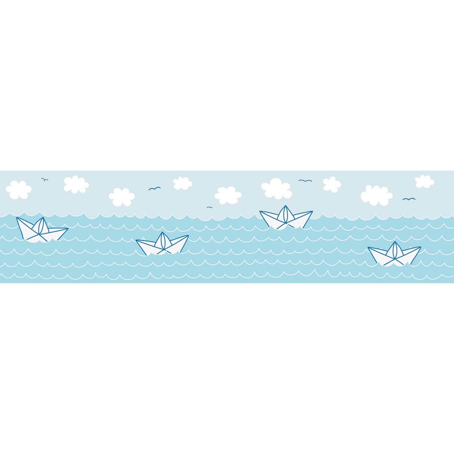Bricoflor Kinderzimmer Bordüre Maritim in Blau Wolken Tapete mit Boot und Meer Ideal für Babyzimmer Selbstklebende Bordüre aus Vlies von Bricoflor