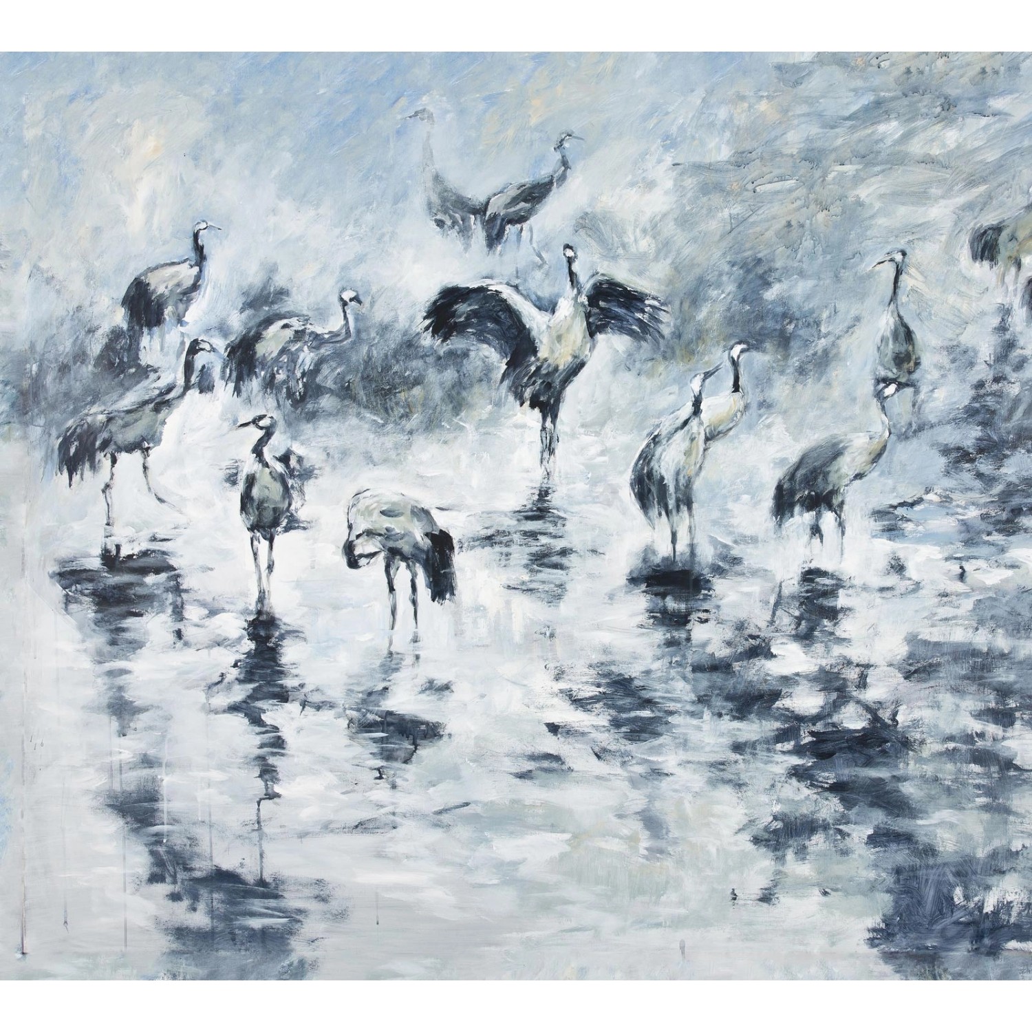Bricoflor Kunst Fototapete im Gemälde Stil Kranich Tapete Gemalt Ideal für Esszimmer und Schlafzimmer Vogel Vliestapete in Weiß Blau Asiatisch von Bricoflor