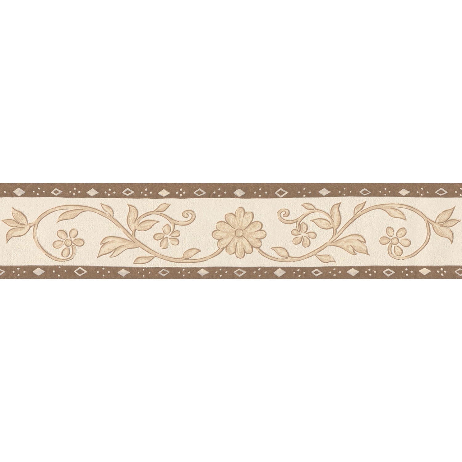 Bricoflor Landhaus Tapetenbordüre aus Papier und Vinyl Blumen Tapeten Bordüre in Beige und Braun Mediterrane Tapetenborte mit Raute für Küche und Flur 30 von Bricoflor