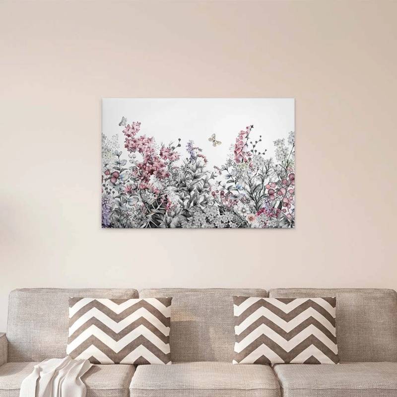 Bricoflor Leinwand Bild Mit Frühlingsblumen Und Schmetterling Blumenbild In Grün Und Rosa Für Kinderz Und Schlafzimmer Canvas Wandbild Mit Blumenwiese von Bricoflor