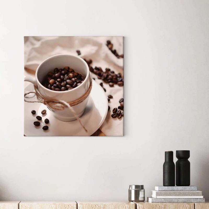 Bricoflor Leinwand Bild Mit Kaffee Motiv Kaffeetassen Bild In Weiß Und Braun Küchenbild Mit Kaffeebohnen Als Wand Deko Für Cafés von Bricoflor