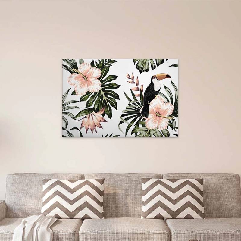 Bricoflor Leinwand Bild Mit Tukan Und Hibiskus Modernes Keilrahmenbild In Grün Und Rosa Für Wohnzimmer Palmen Canvas Wandbild Mit Hawaii Blumen von Bricoflor