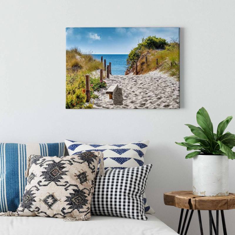 Bricoflor Leinwand Bild Mit Weg Zum Meer Strand Wandbild In Grün Und Blau Badezimmer Und Schlafzimmer Leinwandbild Mit Sandstrand von Bricoflor