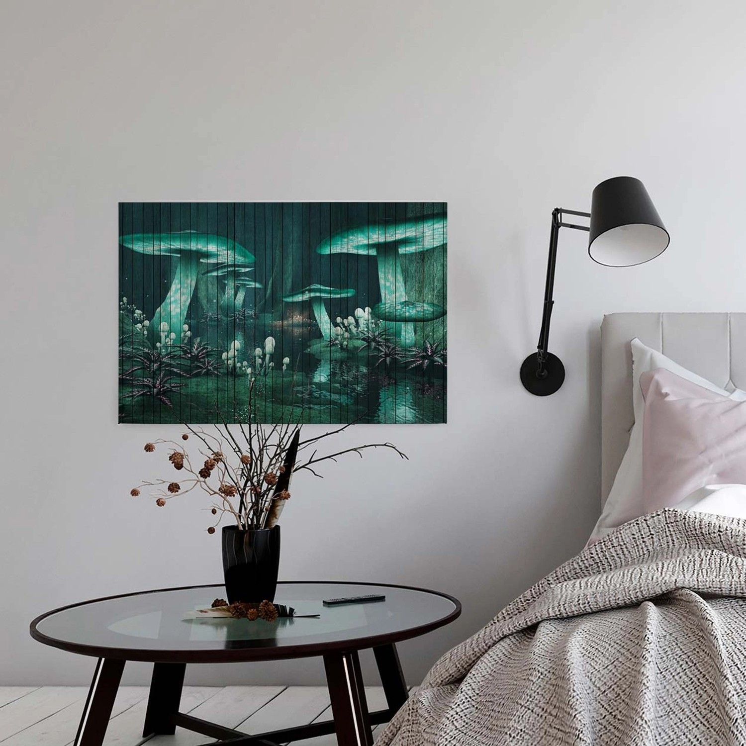 Bricoflor Leinwand Bild Mit Zauberwald In Petrol Keilrahmen Bild Mit Fliegenpilz Und Märchenwald Für Schlafzimmer Ausgefallenes Wandbild In Holz Optik von Bricoflor