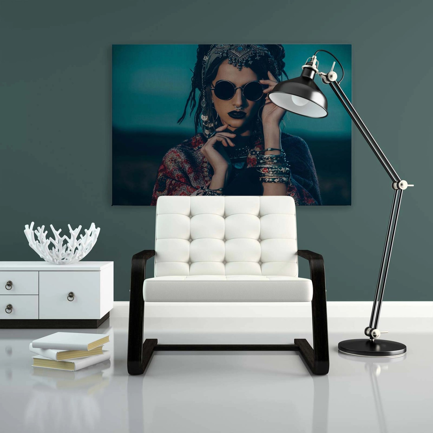 Bricoflor Bild Mit Frauengesicht Im Boho Chic Leinwandbild Mit Frau In Petrol Hippie Festival Wandbild Für Wohnzimmer 90 X 60 Cm von Bricoflor
