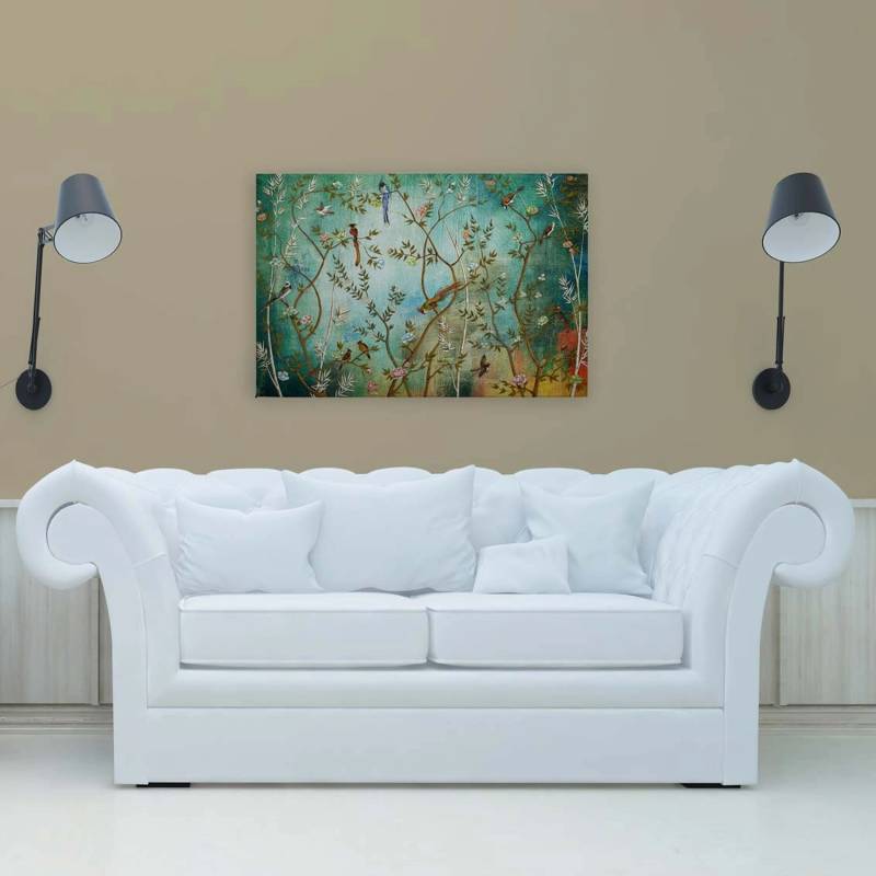 Bricoflor Wandbild Mit Paradies In 120 X 80 Cm Vintage Leinwandbild Mit Vögeln In Bäumen Romantisch Bild Türkis Für Schlafzimmer von Bricoflor