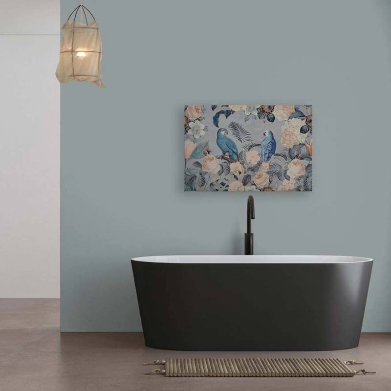 Bricoflor Pfingstrosen Bild Mit Papageien Blau Rosa Leinwandbild Mit Vögeln Exotisch Romantisches Wandbild 90X60 Für Schlafzimmer von Bricoflor