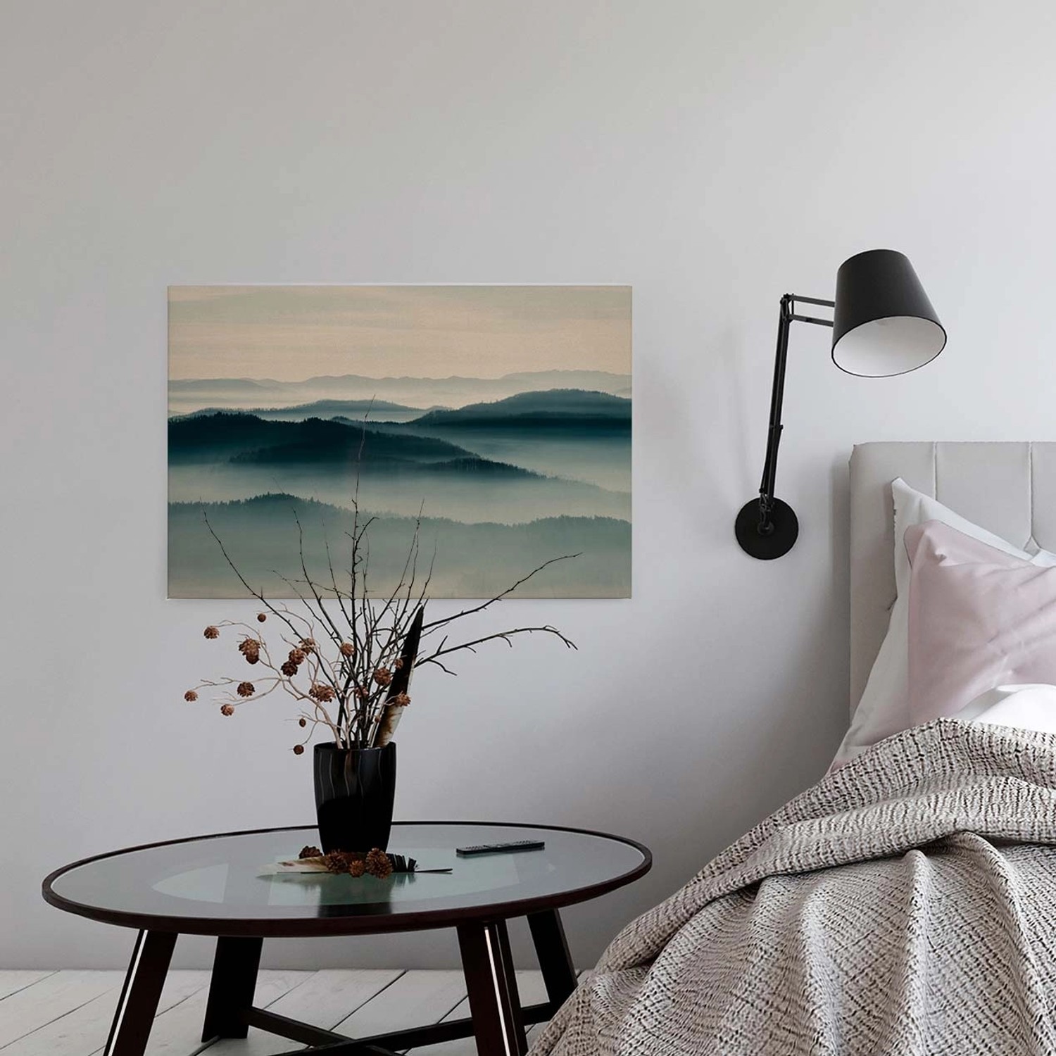 Bricoflor Leinwand Mit Landschaft Dunkelgrün Petrol Leinwand Bild Mit Wald In Nebel Ideal Für Schlafzimmer Keilrahmen Bild Mit Horizont Und Tannenwald von Bricoflor