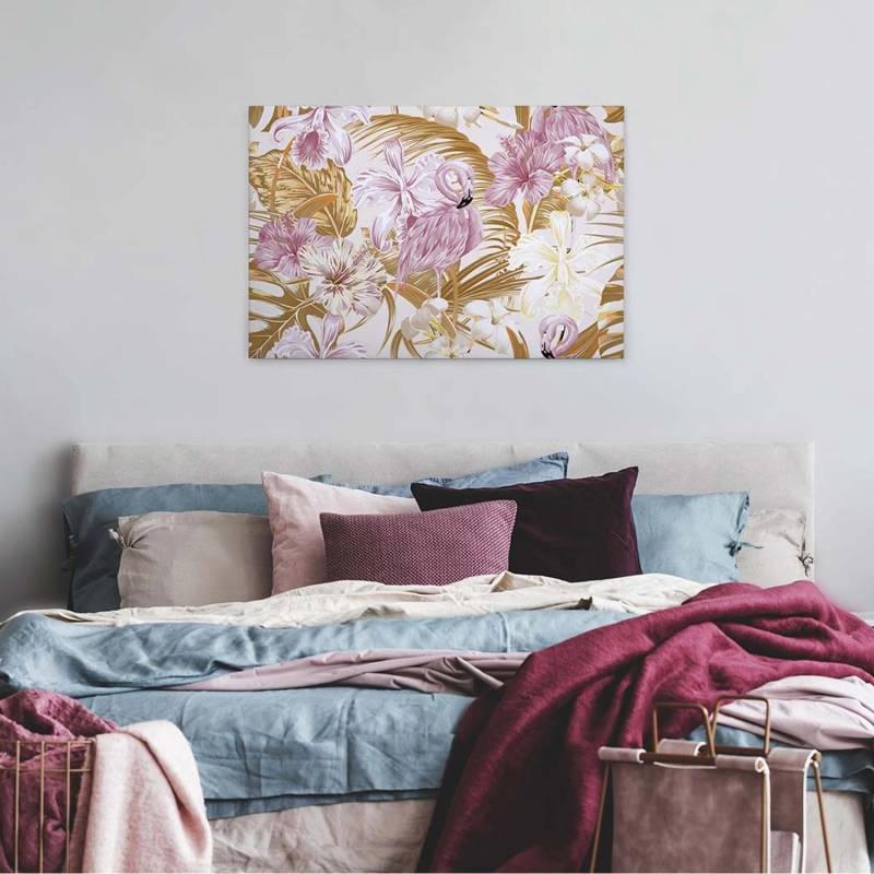 Bricoflor Leinwandbild Mit Flamingo Und Hibiskus Hawaii Blumen Bild Mit Palmenblättern In Gold Und Rosa Modernes Canvas Wandbild Im Tropischen Stil von Bricoflor